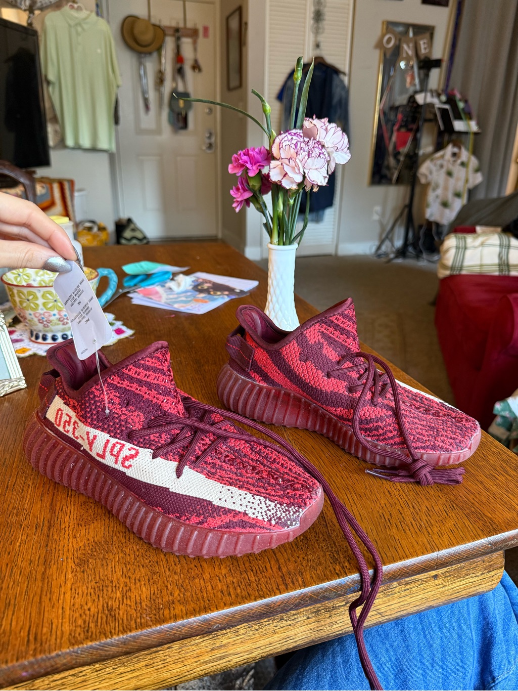 Yeezy Boost 350 V2 Maroon And Red Knit Sneakers